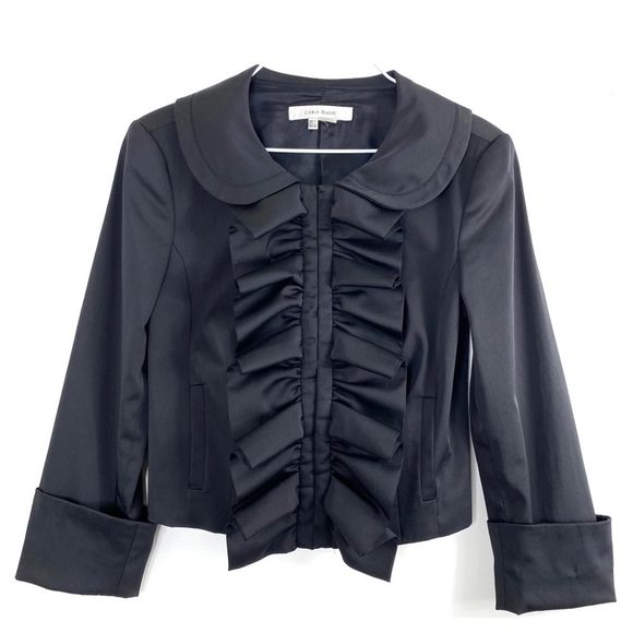 Zara Basic Ruffle Front Satin Blazer Jacket Black - Picture 2 of 7